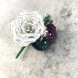 Book Page Paper Corsage or Boutonniere Customizable colors to suit your event Plum & green