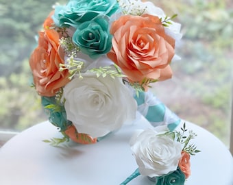 Bridal bouquet shown in aqua peach, white and aqua filter paper flowers - Bouquet colors are customizable