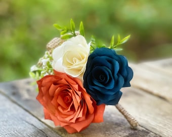 Burnt Orange and Navy Blue Paper Flower Boutonniere - Customizable colors