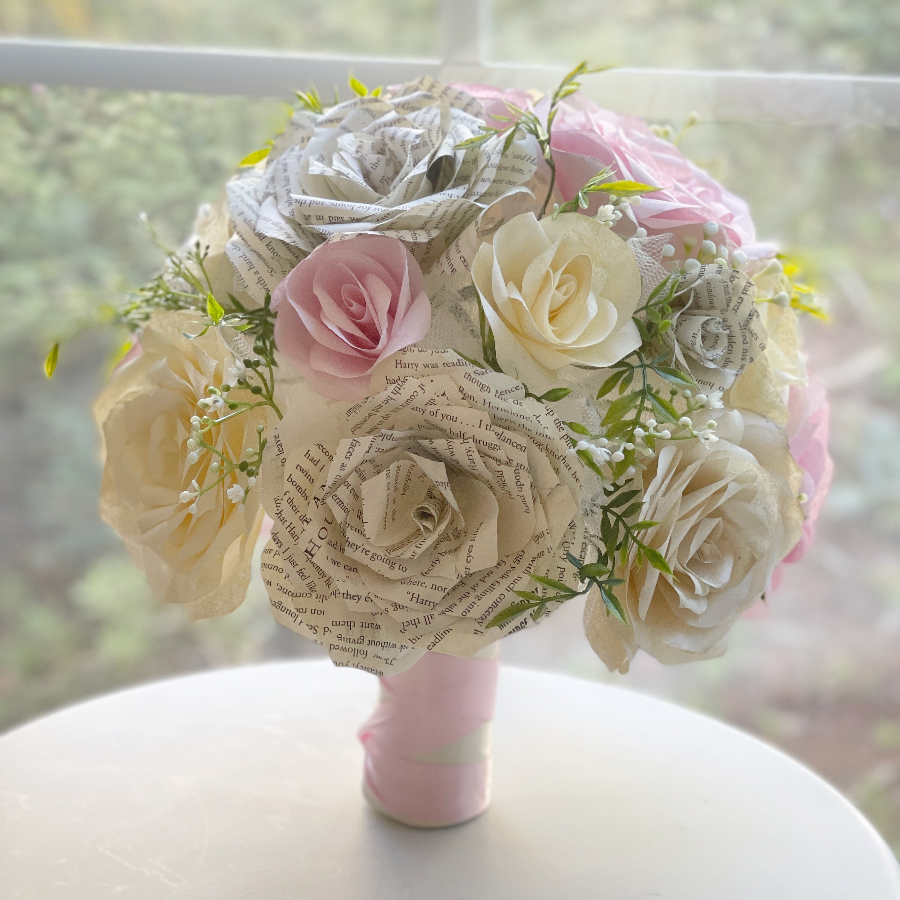 Champagne & Blush Book Page Rose Wedding Bouquet - Etsy