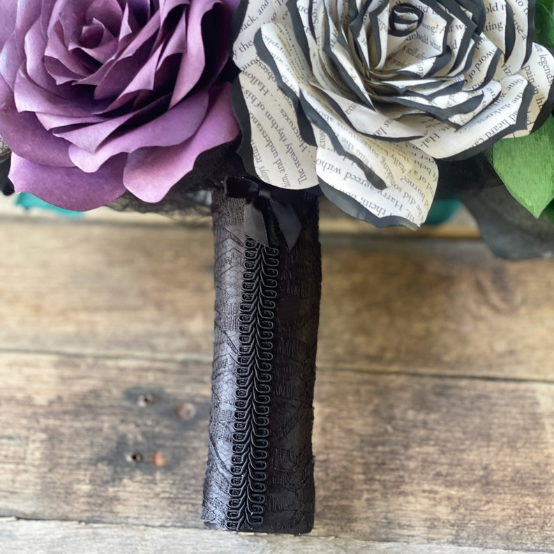 Wedding bouquet shown in plum, green, and black, paper filter flowers with black-tipped book page roses - Color can be customized image 8