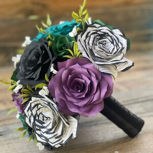 Wedding bouquet shown in plum, green, and black, paper filter flowers with black-tipped book page roses - Color can be customized image 5