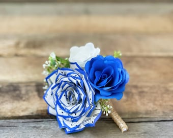 Music note paper rose boutonniere shown in blue - Customizable colors
