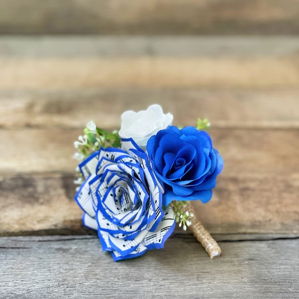 Music note paper rose boutonniere shown in blue - Customizable colors