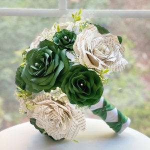 Bridal bouquet in forest green filter paper flowers and book page roses - Colors are customizable