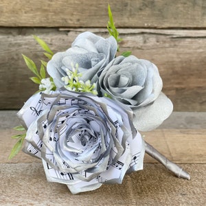 Music note paper rose boutonniere shown in silver - Customizable colors