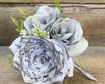 Music note paper rose boutonniere shown in silver - Customizable colors