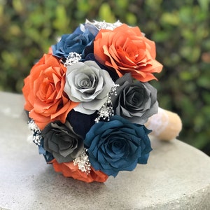 Wedding bouquet in burnt orange navy blue and shades of gray paper roses - Colors can be customized