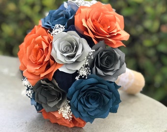 Wedding bouquet in burnt orange navy blue and shades of gray paper roses - Colors can be customized