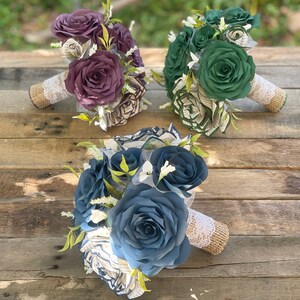 Wedding bouquet shown in plum, green, and black, paper filter flowers with black-tipped book page roses - Color can be customized image 9