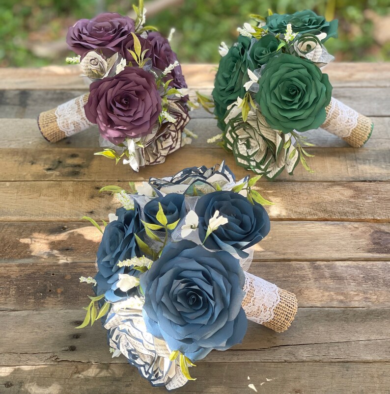 Wedding bouquet shown in plum, green, and black, paper filter flowers with black-tipped book page roses - Color can be customized image 9