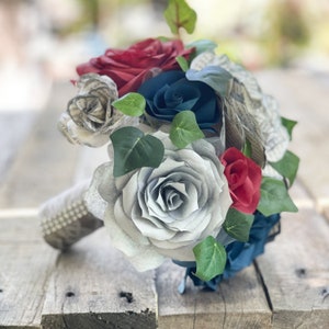 Paper flower wedding bouquet shown in burgundy, silver, and navy blue  - Customize your colors
