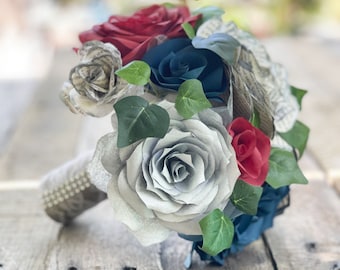 Burgundy, silver and navy blue paper flower wedding bouquet - Customize your colors