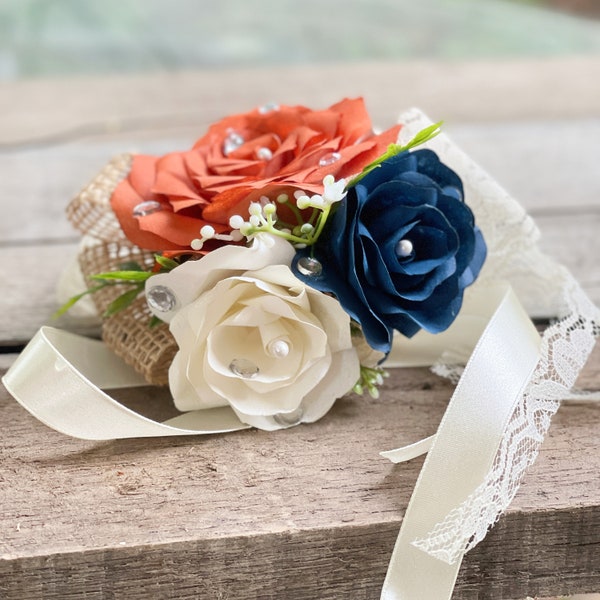 Paper Flower Corsage - Burlap and lace corsage - Customizable colors