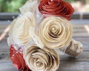 Bouquet shown in burnt orange, gold and ivory paper flowers - Customizable colors