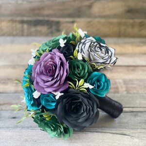 Wedding bouquet shown in plum, green, and black, paper filter flowers with black-tipped book page roses - Color can be customized image 2
