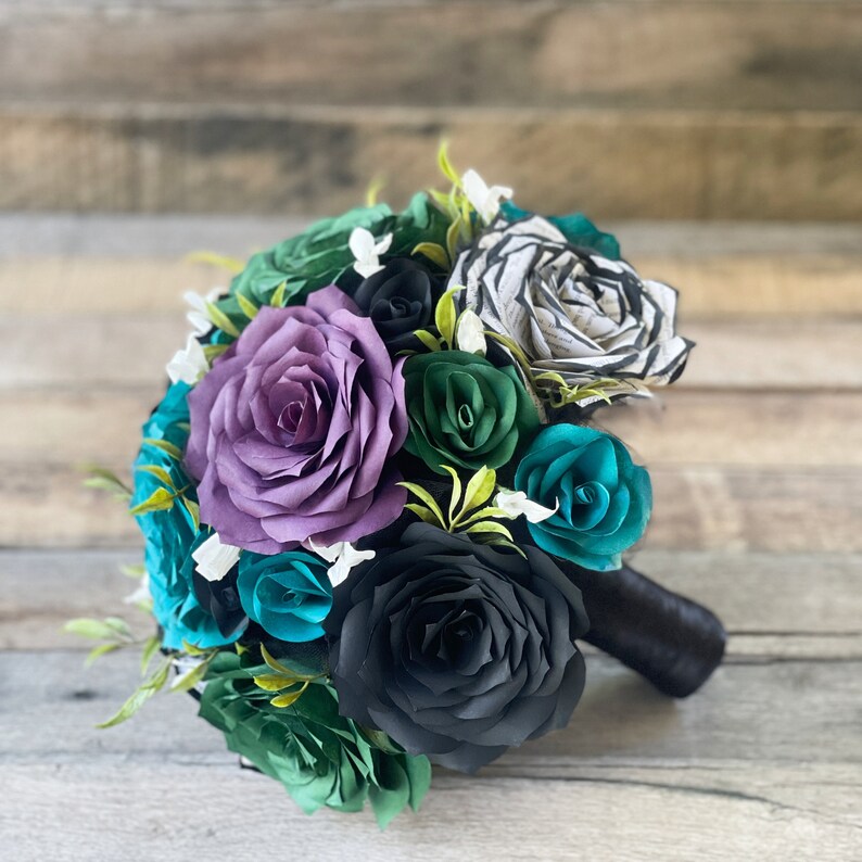 Wedding bouquet shown in plum, green, and black, paper filter flowers with black-tipped book page roses - Color can be customized image 2