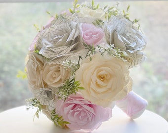 Champagne, blush, ivory and book page wedding bouquet - Book page bouquet - Colors can be customized
