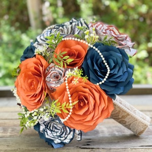 burnt orange and navy blue filter and music note paper flower bridal bouquet in customizable colors and sizes