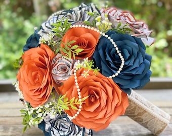 burnt orange and navy blue filter and music note paper flower bridal bouquet in customizable colors and sizes