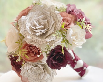 Burgundy, rose gold, ivory and book page wedding bouquet - Colors can be customized