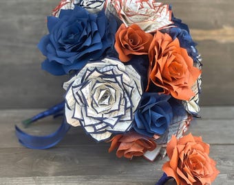 Navy & Burnt Orange Filter Paper Flower Bouquet - Book Page Rose Bridal Bouquet - Wedding Bouquet colors are customizable