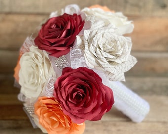 Paper book page and filter paper rose wedding bouquet - Shown in peach, burgundy and white - Colors are customizable - Micro wedding