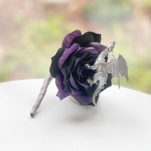 Dragon boutonniere - Paper flower wedding boutonniere shown in purple and black - customizable colors