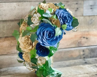 Cascading Bridal Bouquet - Gold and navy blue paper roses, peonies & book page flowers - Customize your colors