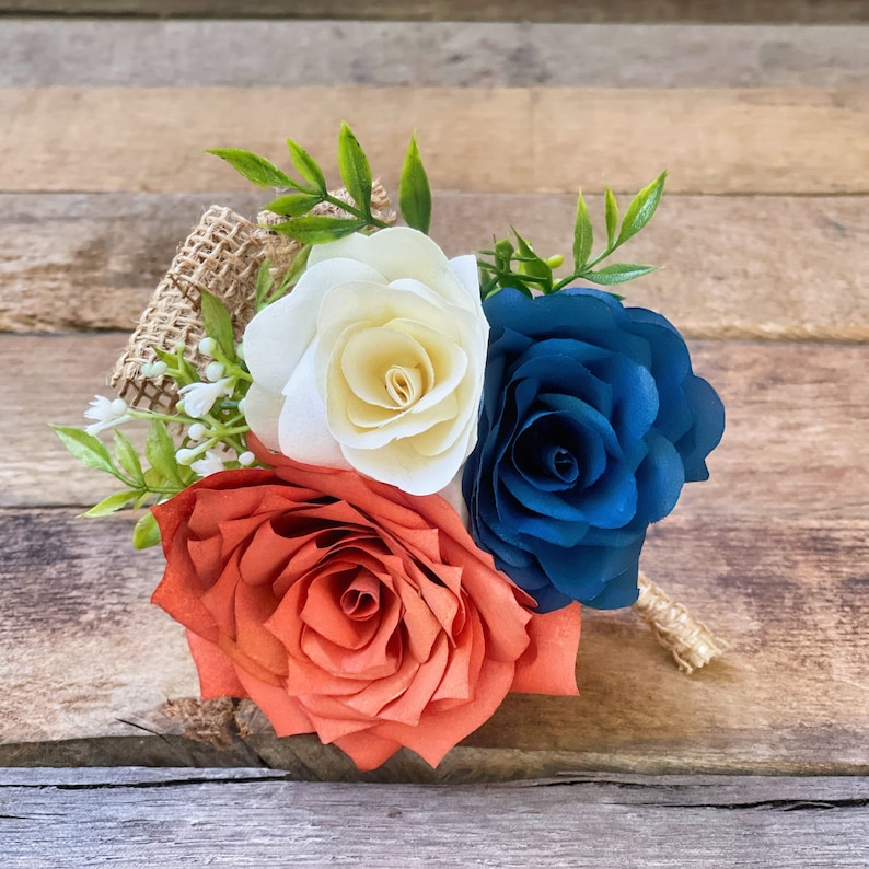 Burnt Orange and Navy Blue Paper Flower Boutonniere Etsy