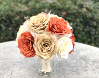 Burnt orange, ivory and gold paper rose bouquet in customizable colors and sizes