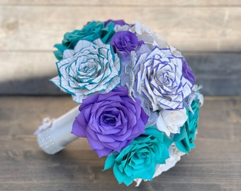 Dragon bouquet - Book page bouquet - Wedding Bouquet in Teal, purple and white paper flowers - Customizable colors