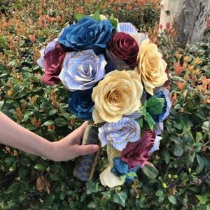 Burgundy Cascading Paper Rose Bridal Bouquet: Gold & Navy