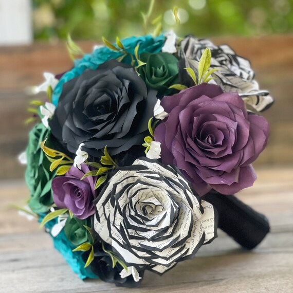 Wedding bouquet shown in plum, green, and black, paper filter flowers with black-tipped book page roses - Color can be customized