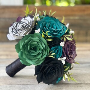 Wedding bouquet shown in plum, green, and black, paper filter flowers with black-tipped book page roses - Color can be customized image 4