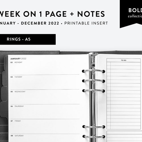 A5 2022 Weekly Planner Printable Week on 1 Page With Notes Etsy UK