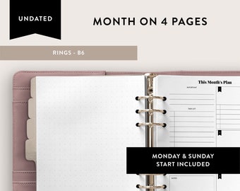 B6 Rings UNDATED Monthly Planner, Printable Month on 4 Pages, Month at a Glance, Monthly Agenda, Year Overview, Monday Sunday Start | CL-B6