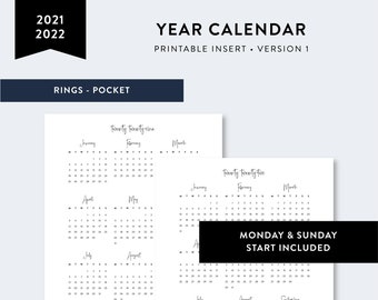 2021 - 2022 Pocket Rings Calendar Printable, Diary Insert, Monthly Page, Year at a Glance, Important Dates, Monday Sunday Start | YO1P ID