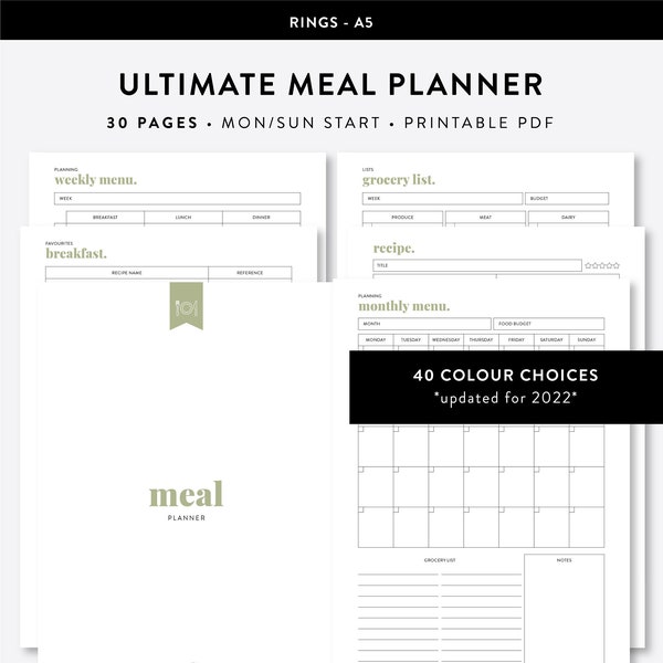 Meal Planner, A5 PRINTABLE Planner Insert, Digital Download, Menu Planning, Grocery List, Recipe Cards, Weekly Dinner Planner, List Making