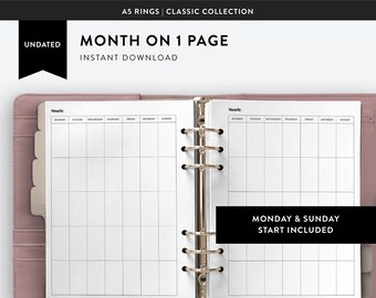 A5 Undated Monthly Planner Printable, Month on 1 Page, Filofax Calendar Insert, Mid-Year Agenda, Weekly Diary, Undated Planner | CL-A5