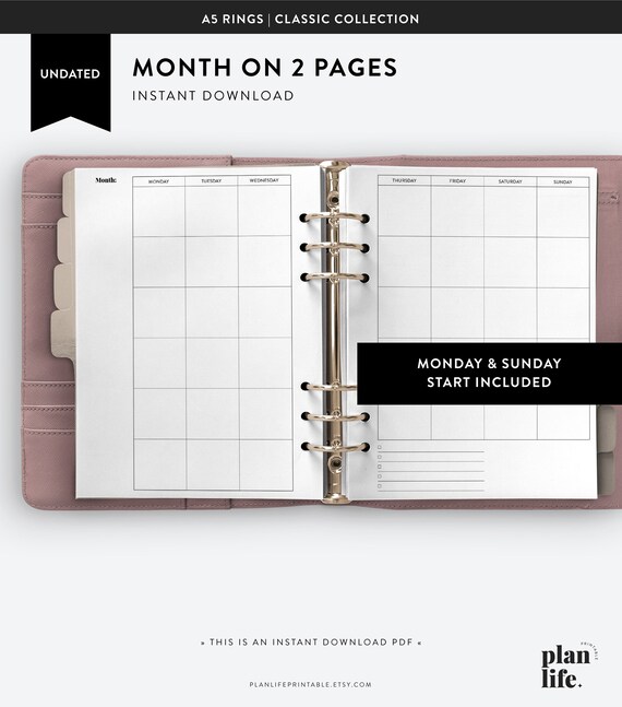A5 Undated Monthly Planner Printable Month on 2 Pages - Etsy