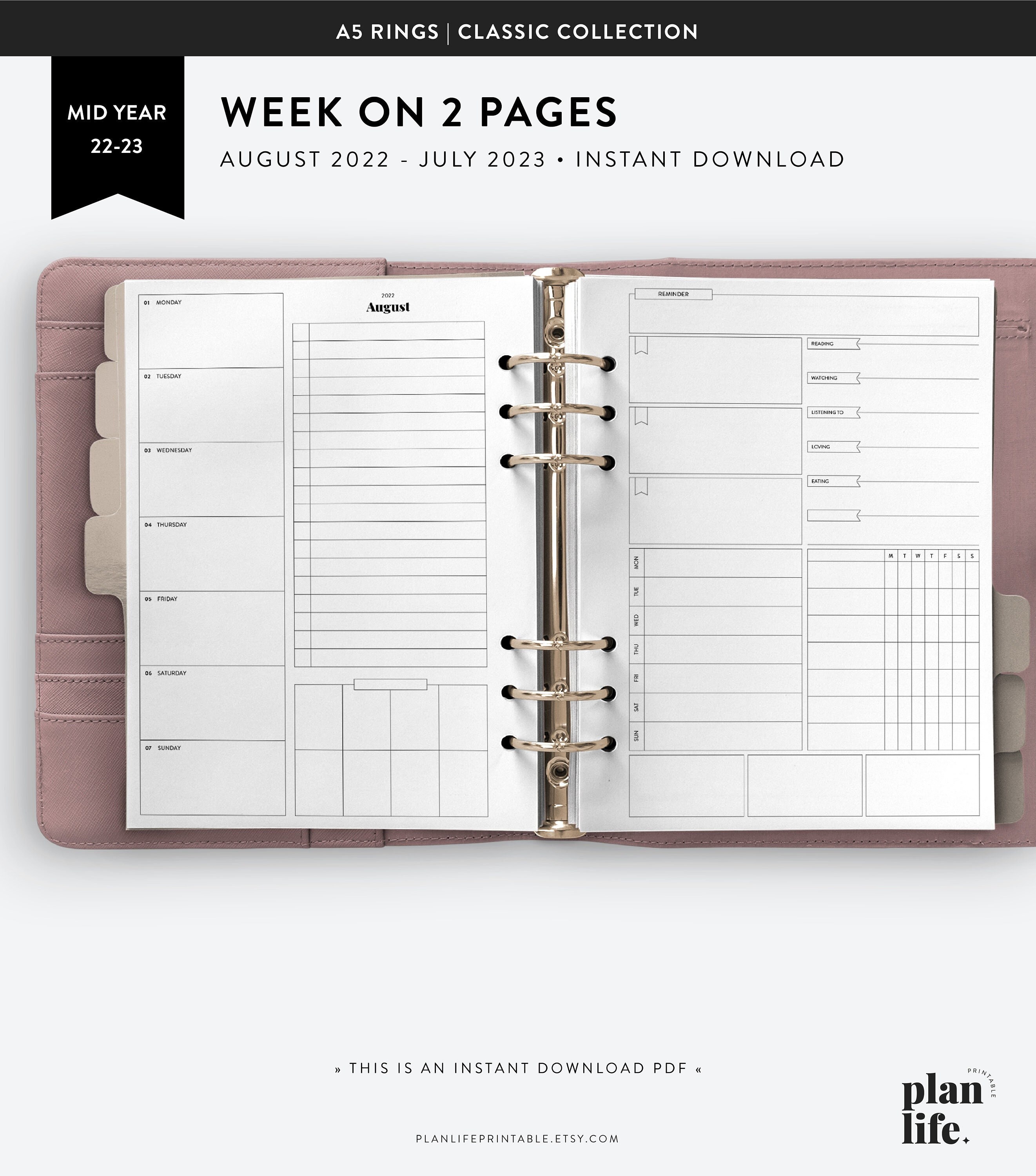 A5 2022-2023 Weekly Planner Printable Horizontal Week on 2 