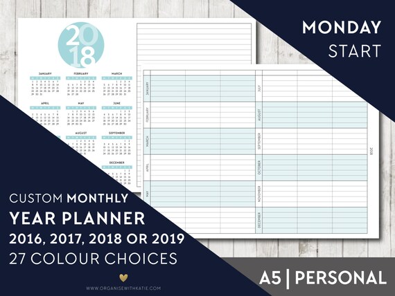 custom 2016 2017 2018 or 2019 monthly year planner a5 or etsy custom yearly planner