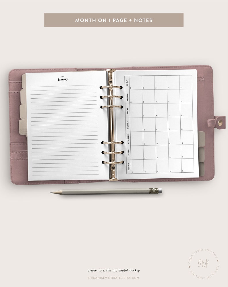 B6 Rings 2022 Monthly Planner Printable Month on 1 Page Etsy Canada