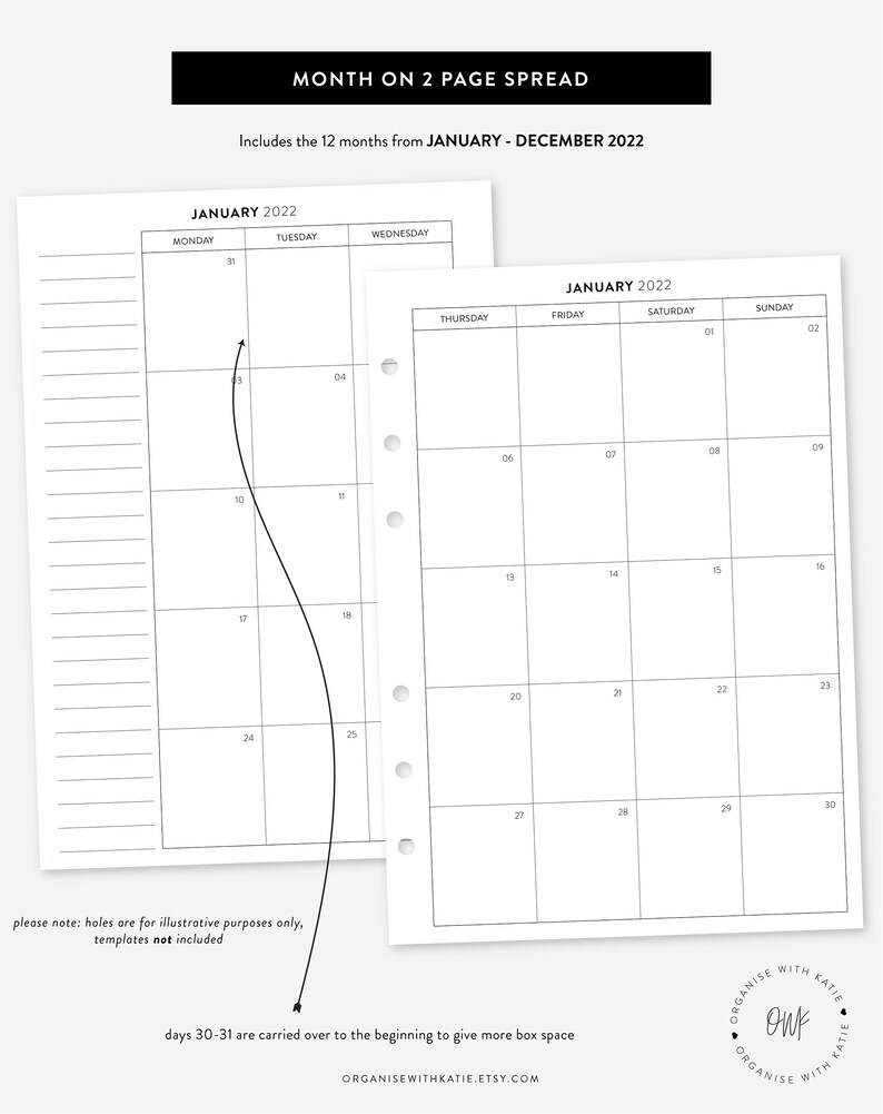 A5 2022 Monthly Planner Printable Month on 2 Pages Calendar Etsy