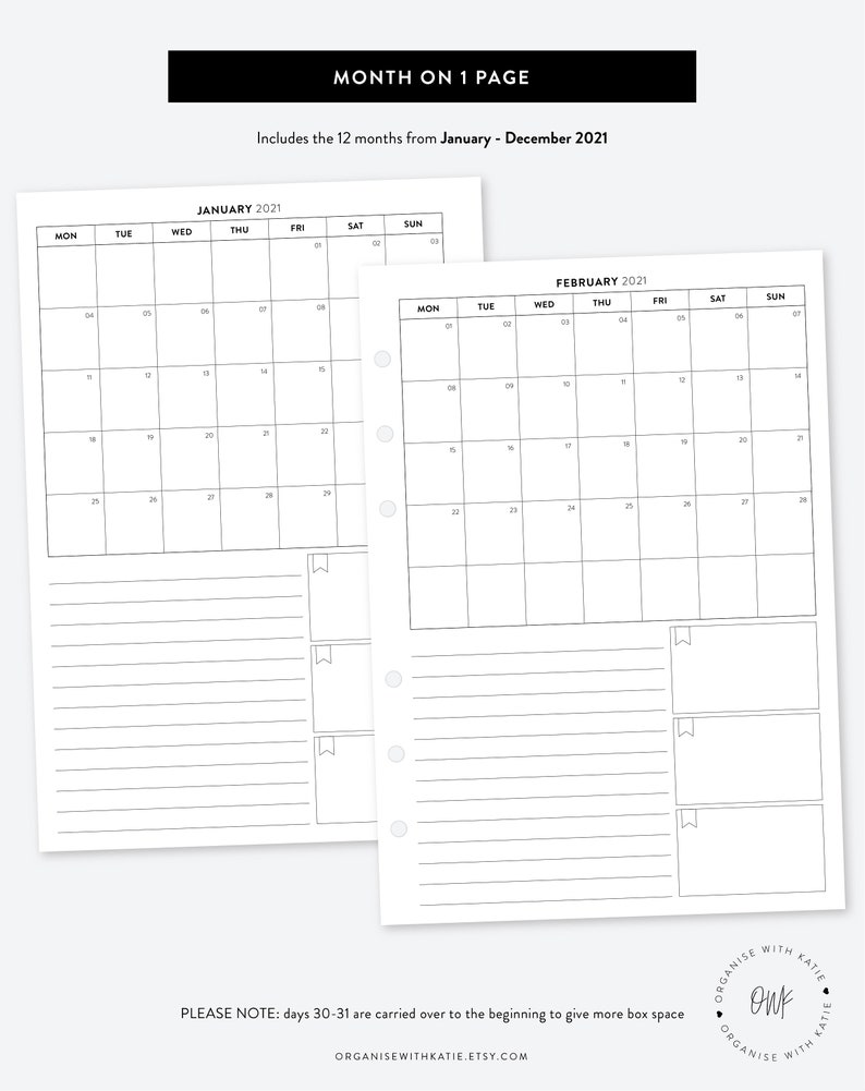 A5 2021 Monthly Planner Printable Month on 1 Page Calendar ...