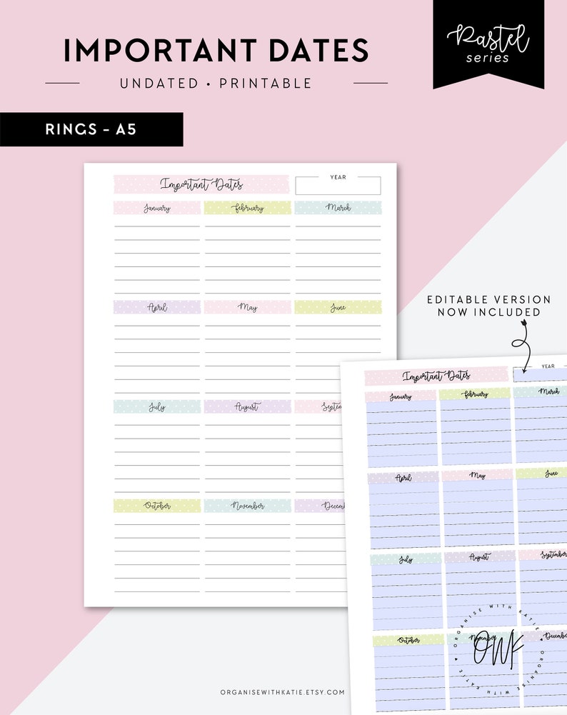 A5 Important Dates Year Overview Year Calendar Editable Etsy
