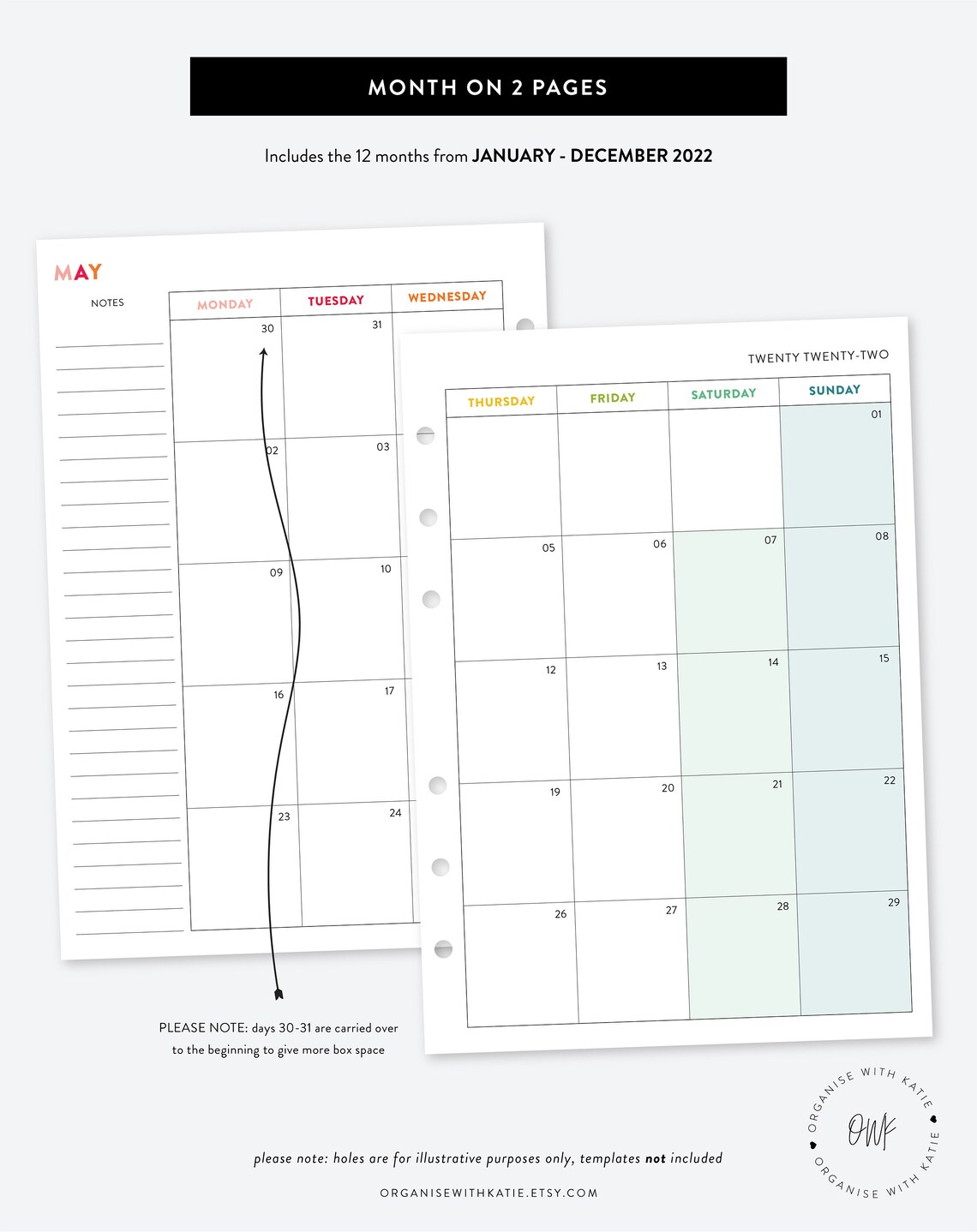 a5 2022 monthly planner printable month on 2 pages