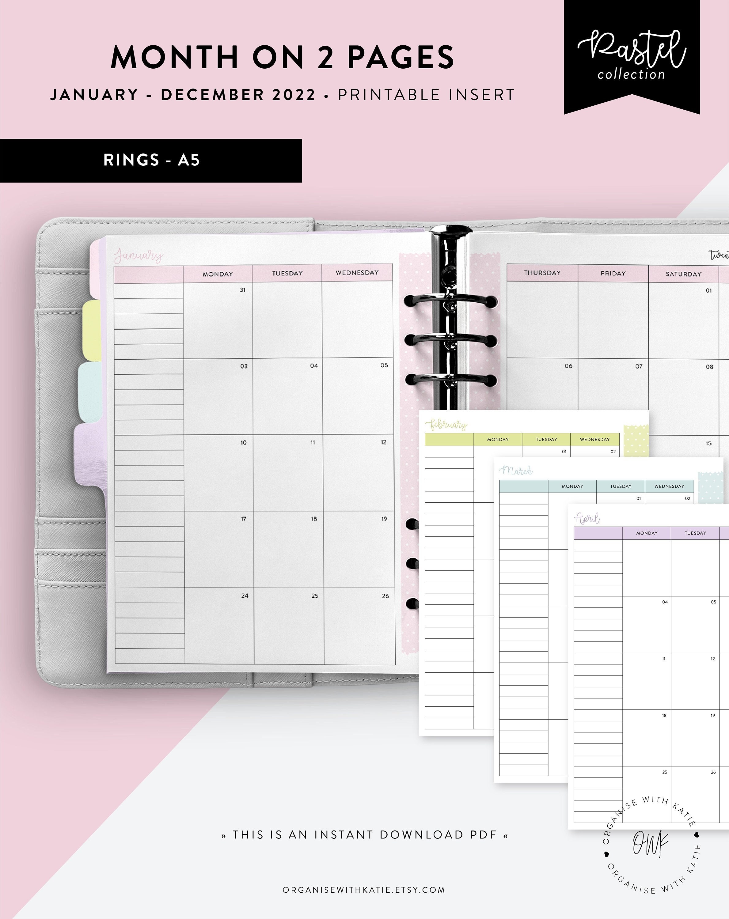Printable Calendar Monthly 2021 2022 Month On Two Page Etsy 2022 