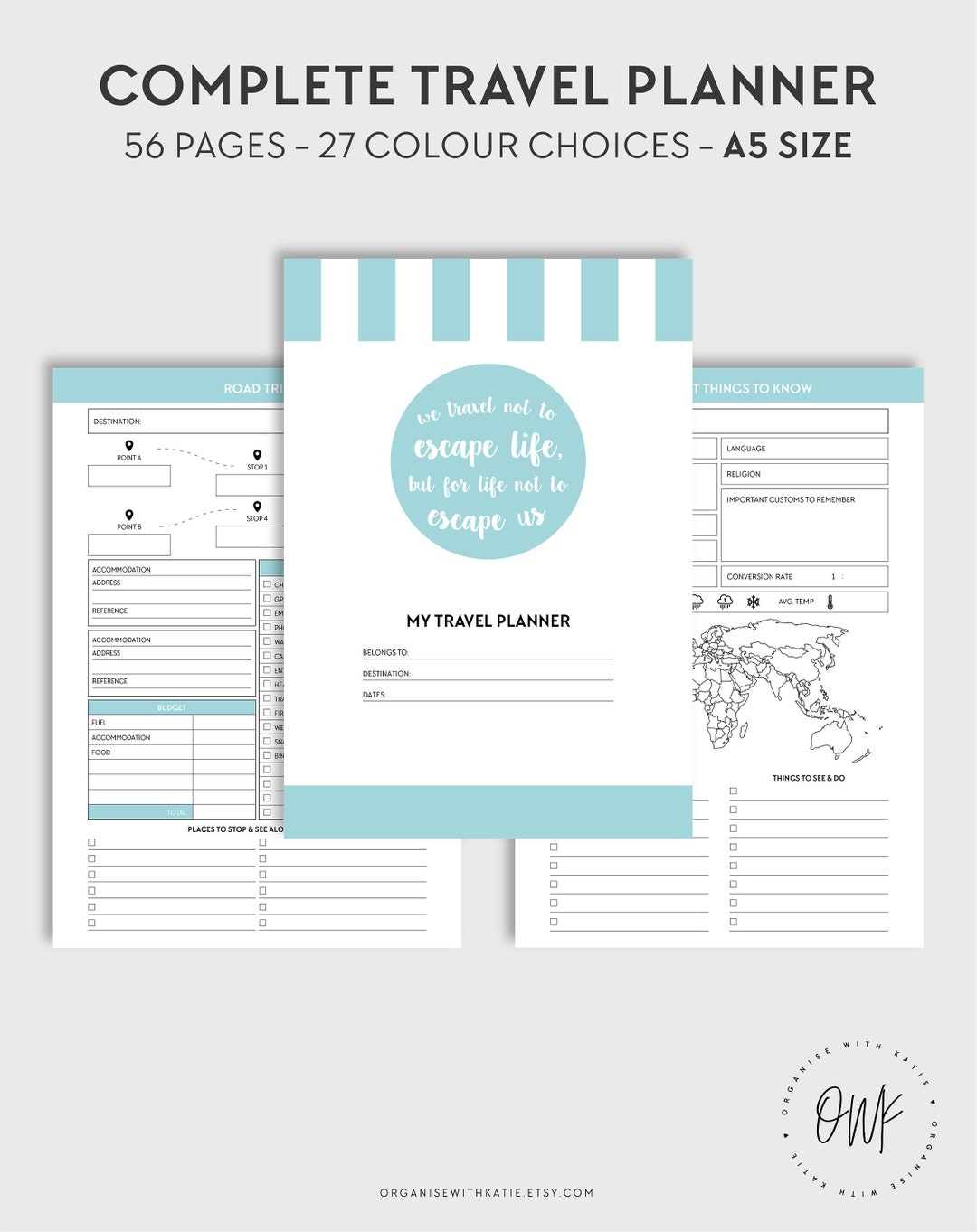 Travel Planner A5 Rings PRINTABLE Planner Insert Travel - Etsy